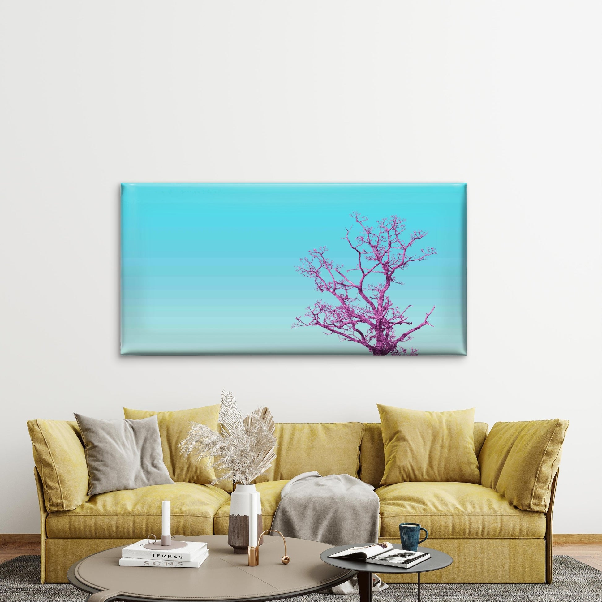 Pink Tree On Blue S Wall Art Canvas Office Home Room Framed 120x60cm - Bella Home Decor