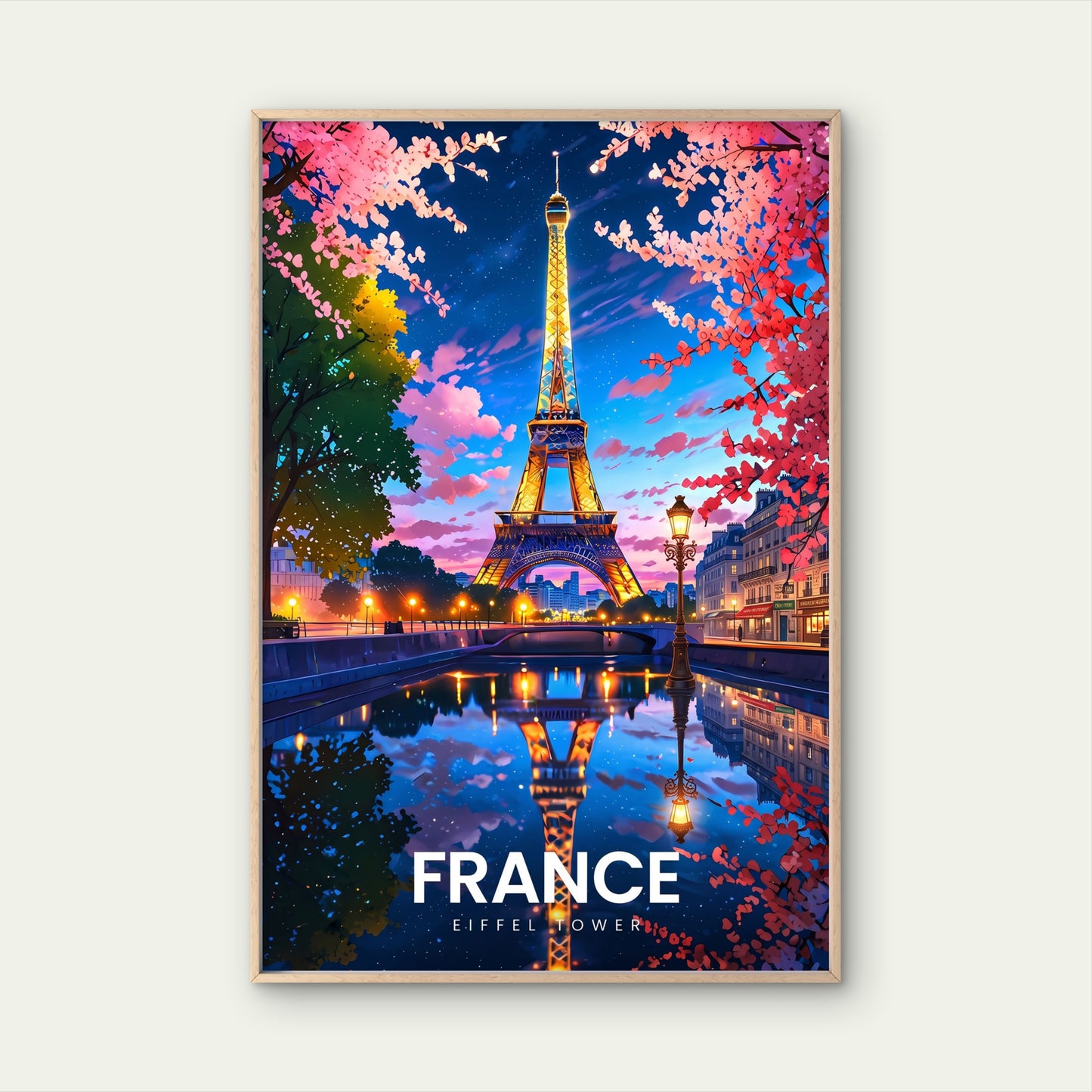 Paris France Eiffel Tower Cherry Blossom  Travel Poster Print Wall Art