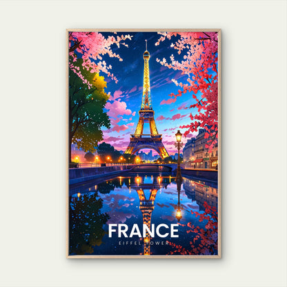 Paris France Eiffel Tower Cherry Blossom  Travel Poster Print Wall Art