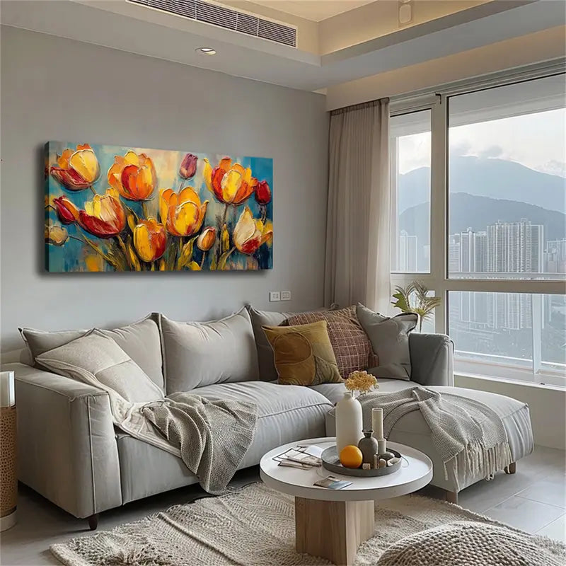 Vibrant Tulip Yellow & Orange Wall Art Canvas Office Home Room Framed 120x60cm - Bella Home Decor