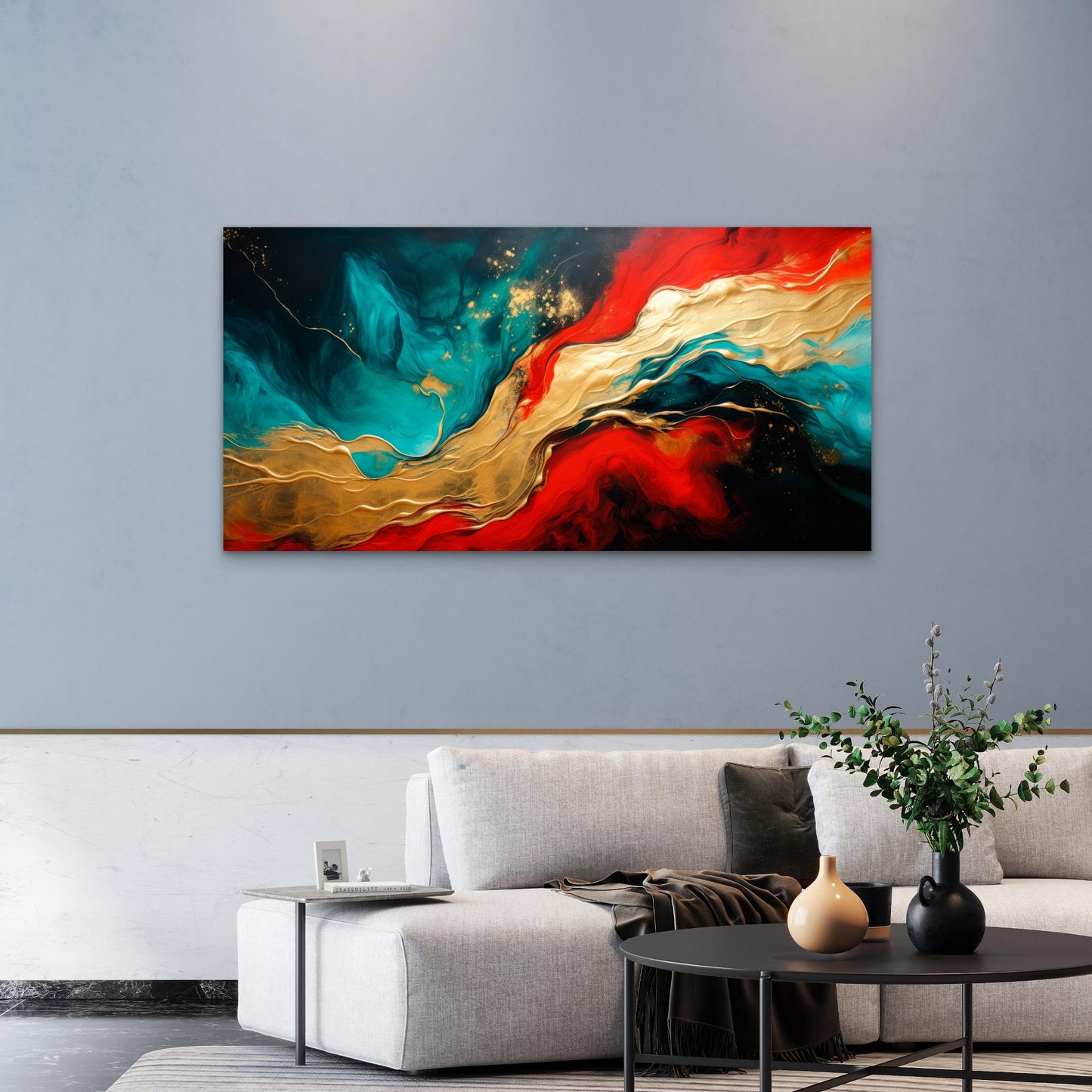 Dynamic Red Blue Gold Flow Wall Art Canvas Office Home Room Framed 120x60cm