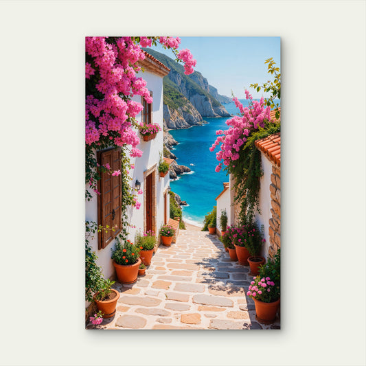Mediterranean Coastal Alley Bougainvillea 40x60cm Metal Print Ready to Hang