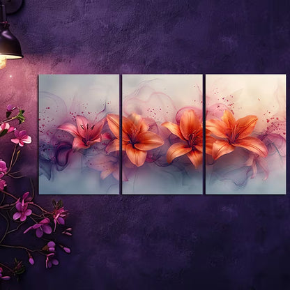 3pcs Pink & Orange Flowers with Purple Accents Wall Art Set Canvas Framed 40x60cm - High Quality Print 100% Australian Made Wall Canvas Ready to Hang