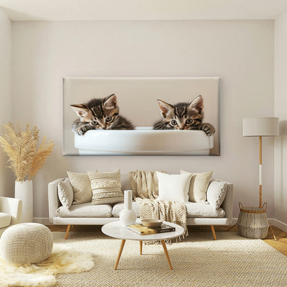 Two Kittens One Cup Wall Art Canvas Office Home Room Framed 120x60cm - Bella Home Decor