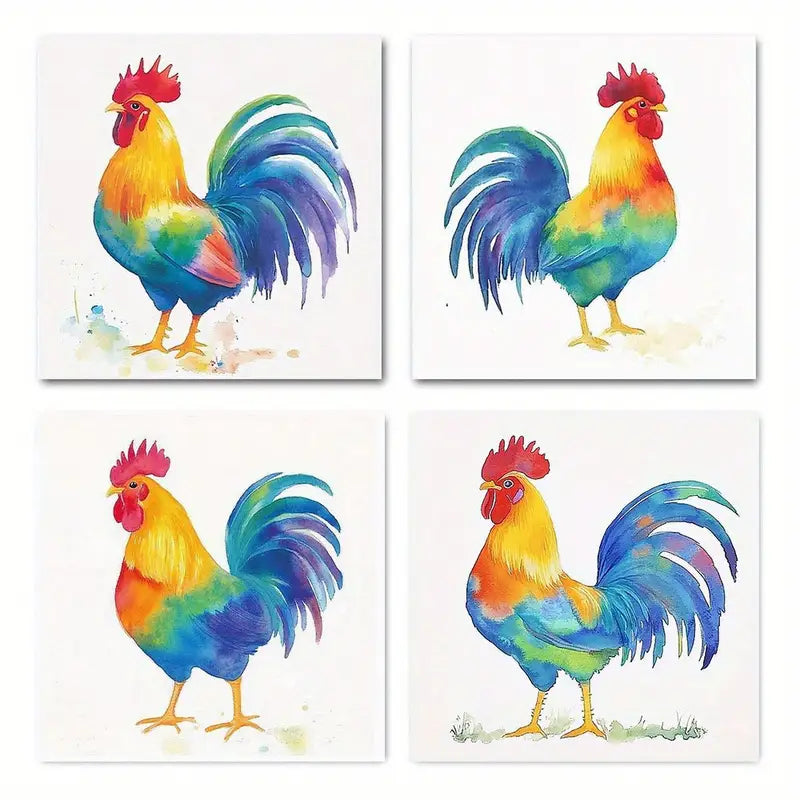 4pcs Colorful rooster Wall Art Canvas Framed