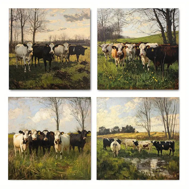 4pcs Cows On Pastur Elegant Modern Wall Art Canvas Framed