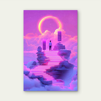 Surreal Landscape With Neon Steps Man Pink Sky 60x90cm Metal Print Ready to Hang