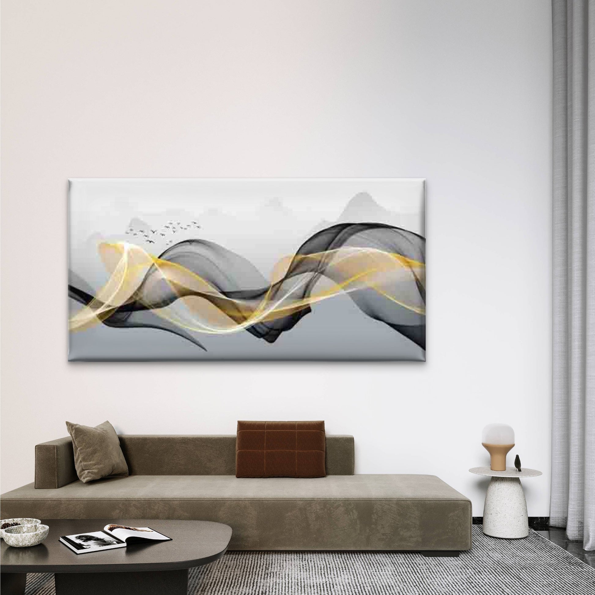 Waves in Golden And Black in Wall Art Canvas Office Home Room Framed 120x60cm - Bella Home Decor