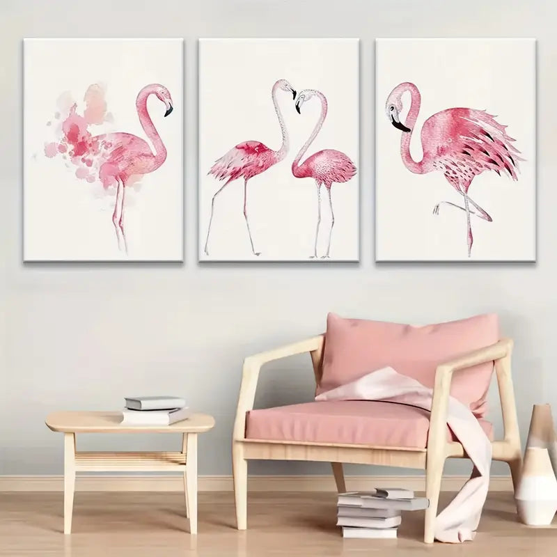 3pcs Pink Flamingo & Bird Watercolor Metal Print Ready to Hang Art