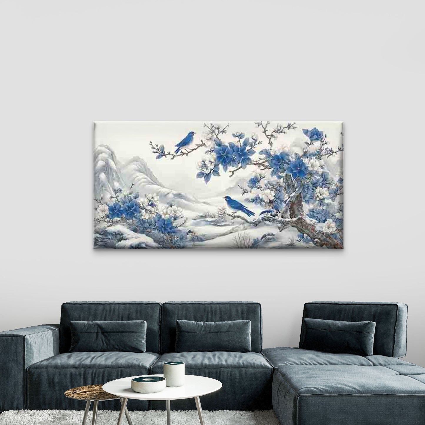Blue Birds & Snowy Landscape Wall Art Canvas Office Home Room Framed 120x60cm - Bella Home Decor