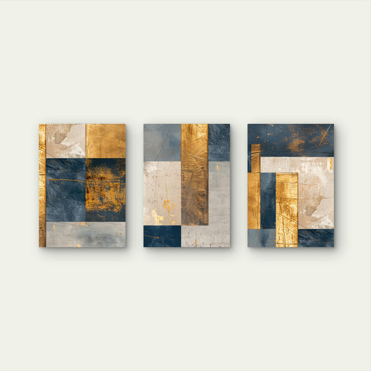 3pcs Modern Navy Blue Grey Gold Foil Geometric  Wall Art Set Canvas Framed 40x60cm - High Quality Print 100% Australian Made Wall Canvas Ready to Hang