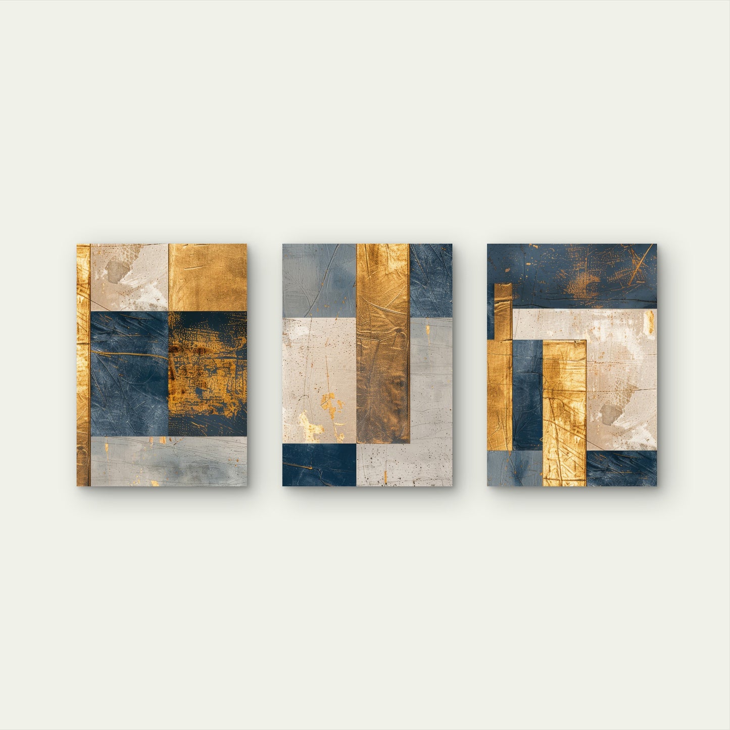 3pcs Modern Navy Blue Grey Gold Foil Geometric  Wall Art Set Canvas Framed 60x90cm - High Quality Print 100% Australian Made Wall Canvas Ready to Hang