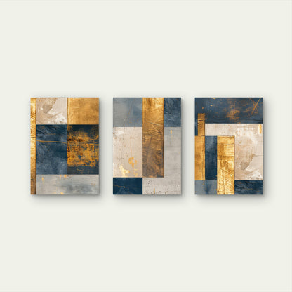 3pcs Modern Navy Blue Grey Gold Foil Geometric  Wall Art Set Canvas Framed 60x90cm - High Quality Print 100% Australian Made Wall Canvas Ready to Hang