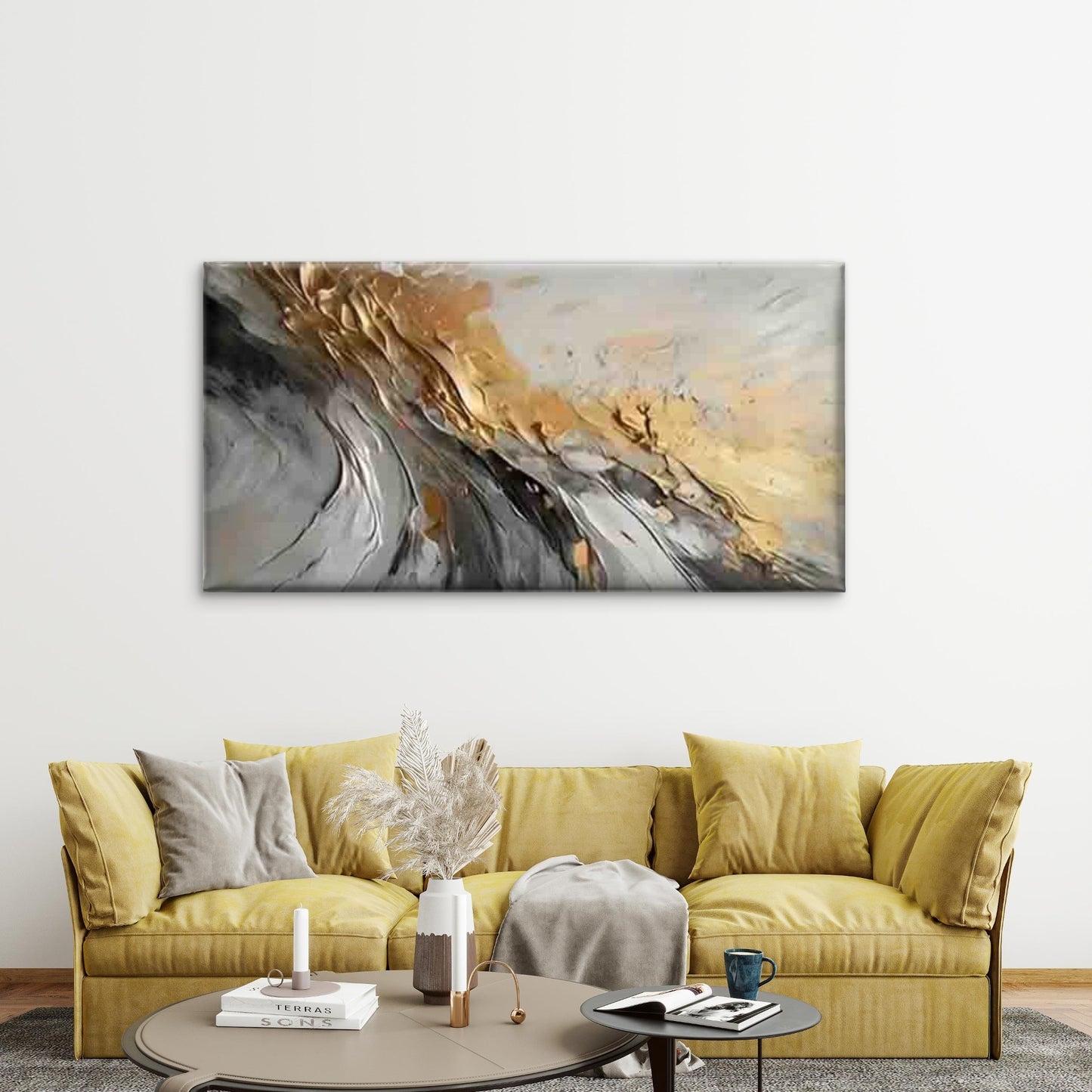 Golden Waves on Black and White Wall Art Canvas Office Home Room Framed 120x60cm