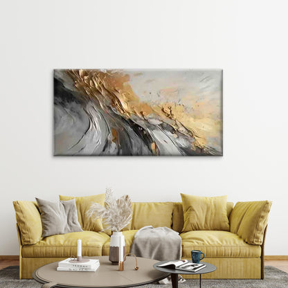 Golden Waves on Black and White Wall Art Canvas Office Home Room Framed 120x60cm