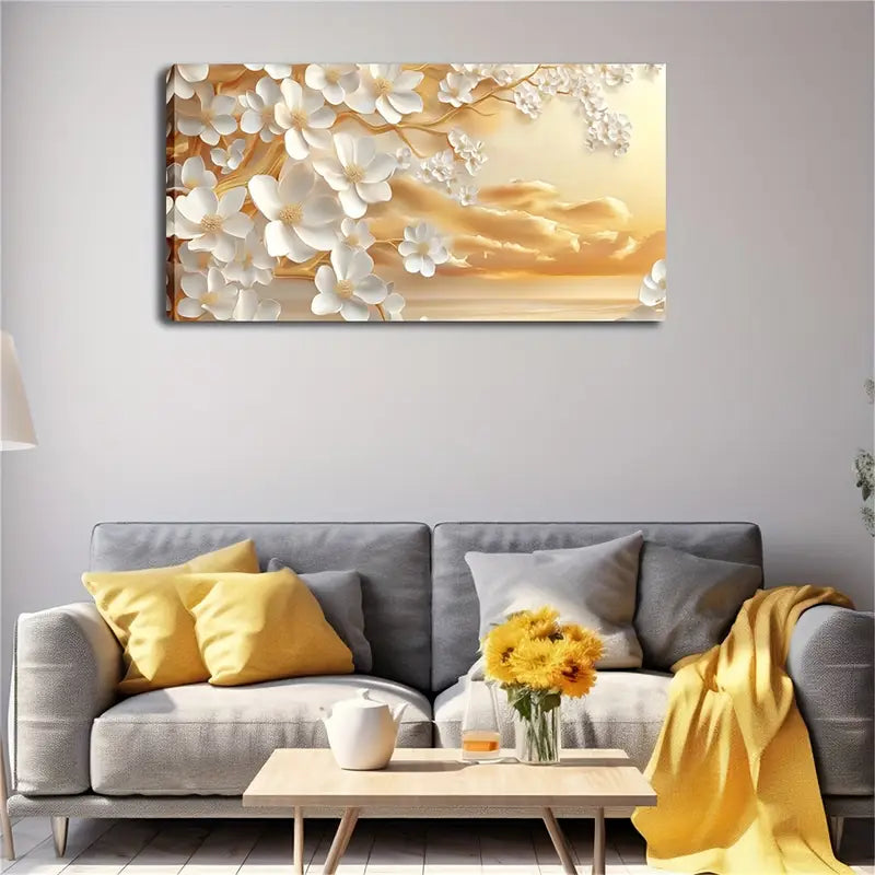 White Flowers Branches Wall Art Canvas Office Home Room Framed 120x60cm - Bella Home Decor