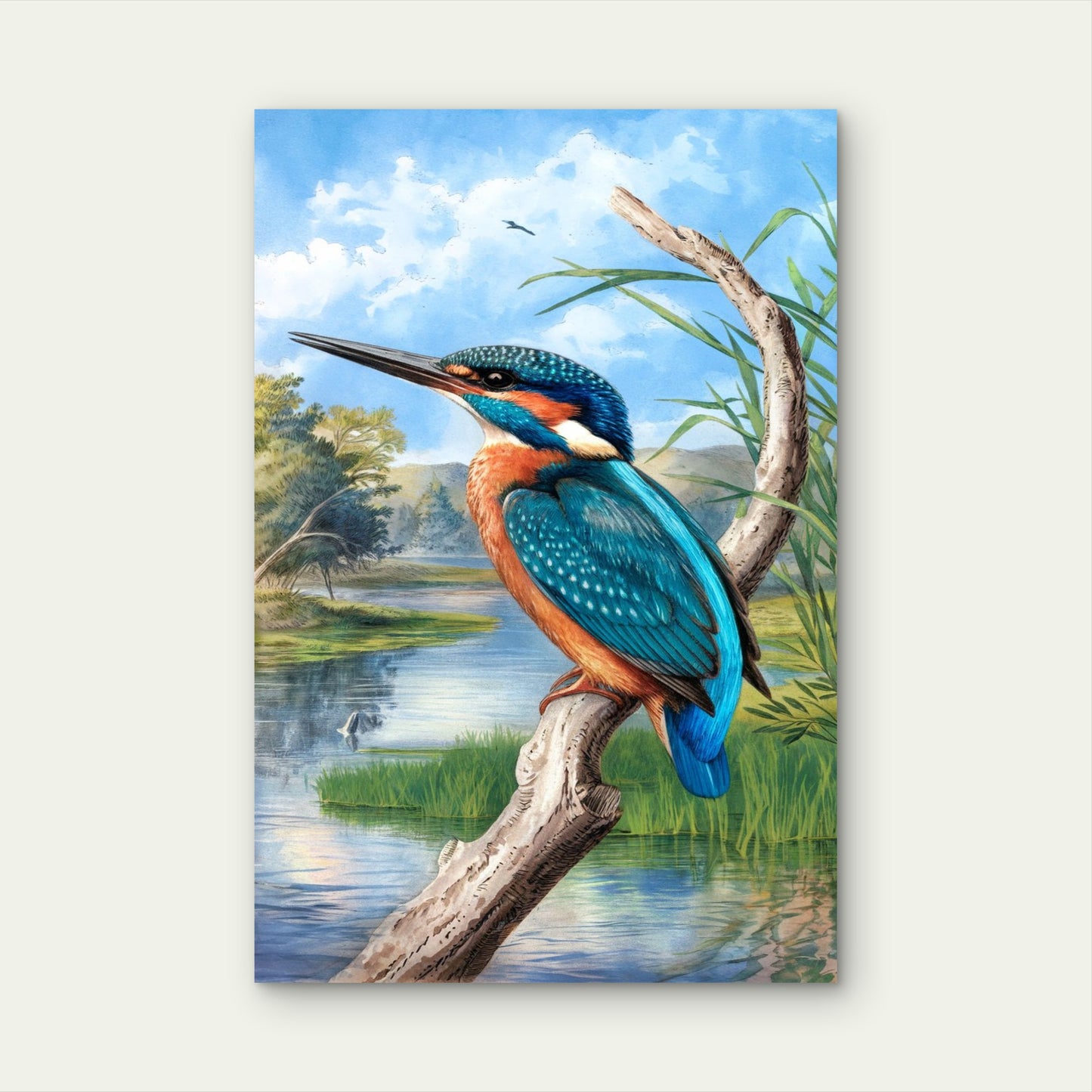 Painting Bird With Blue Yellow Head Lake Background 40x60cm Metal Print Ready to Hang