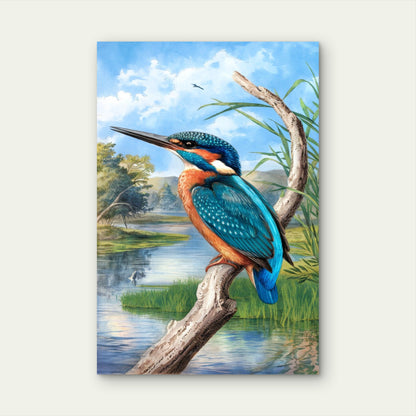Painting Bird With Blue Yellow Head Lake Background 40x60cm Metal Print Ready to Hang