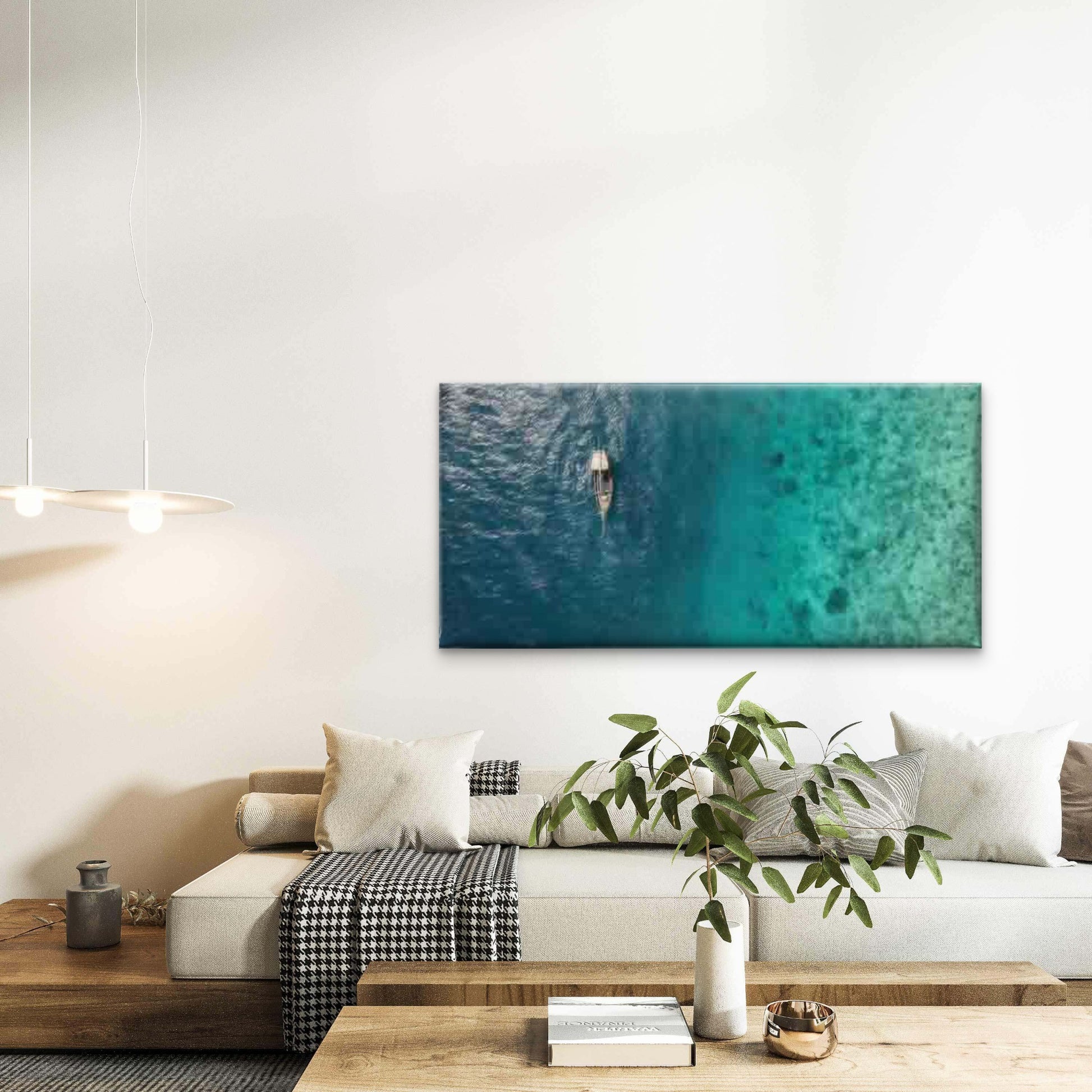 Aerial Boat On Turquoise Ocean Wall Art Canvas Office Home Room Framed 120x60cm - Bella Home Decor