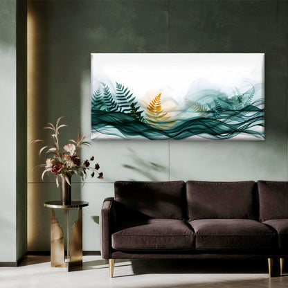 Golden Ferns Green Waves Wall Art Canvas Office Home Room Framed 120x60cm