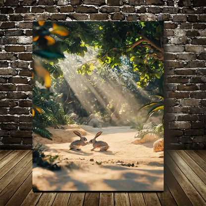 Realistic Rabbit Play Scene on Sandy Beach 40x60cm Metal Print Ready to Hang - Bella Home Decor