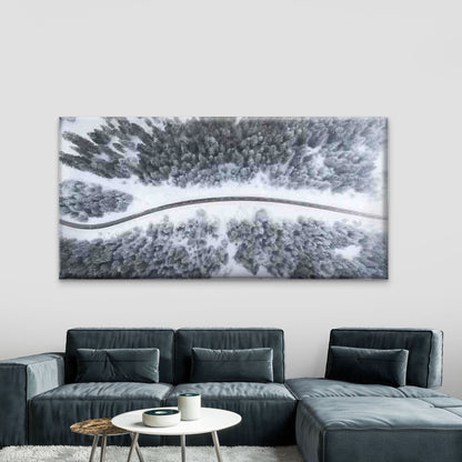 Aerial Winter Forest Road Wall Art Canvas Office Home Room Framed 120x60cm