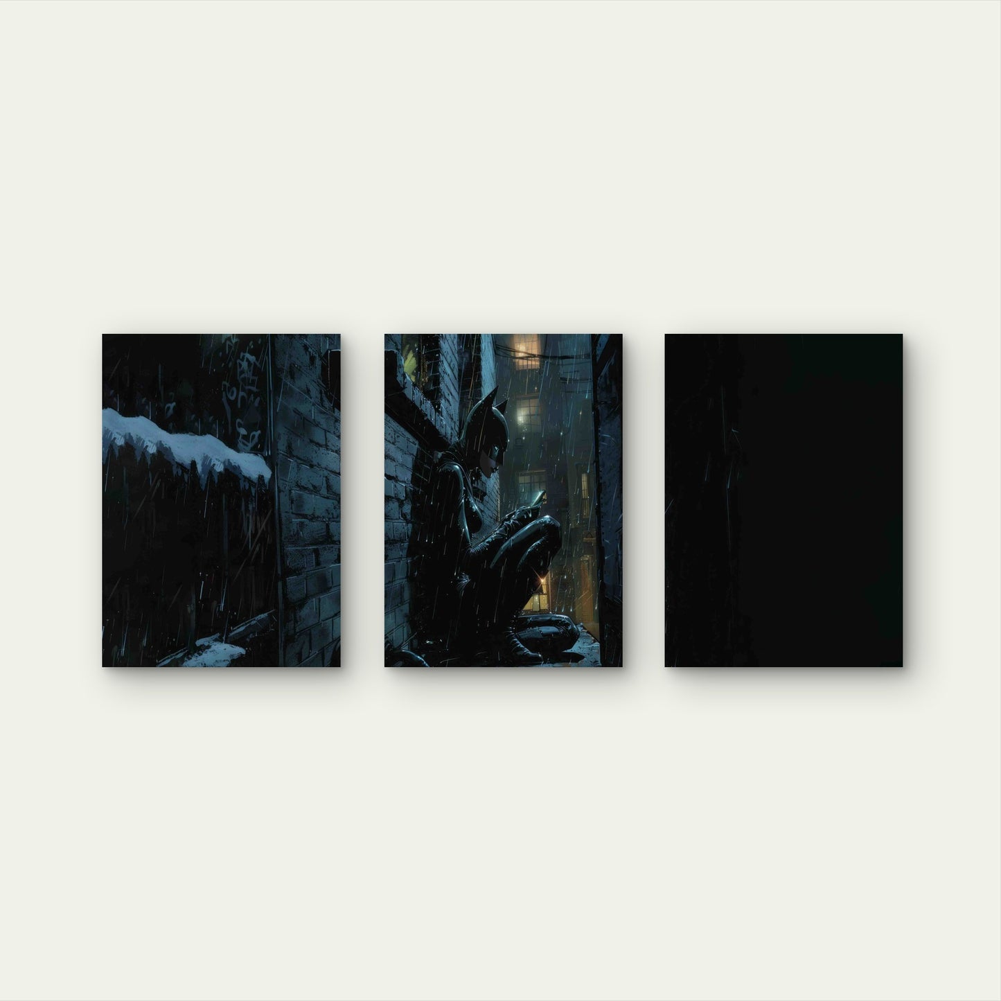 3pcs Moody Feline Vigilante in Rainy Dark Alleyway Metal Print Ready to Hang Art