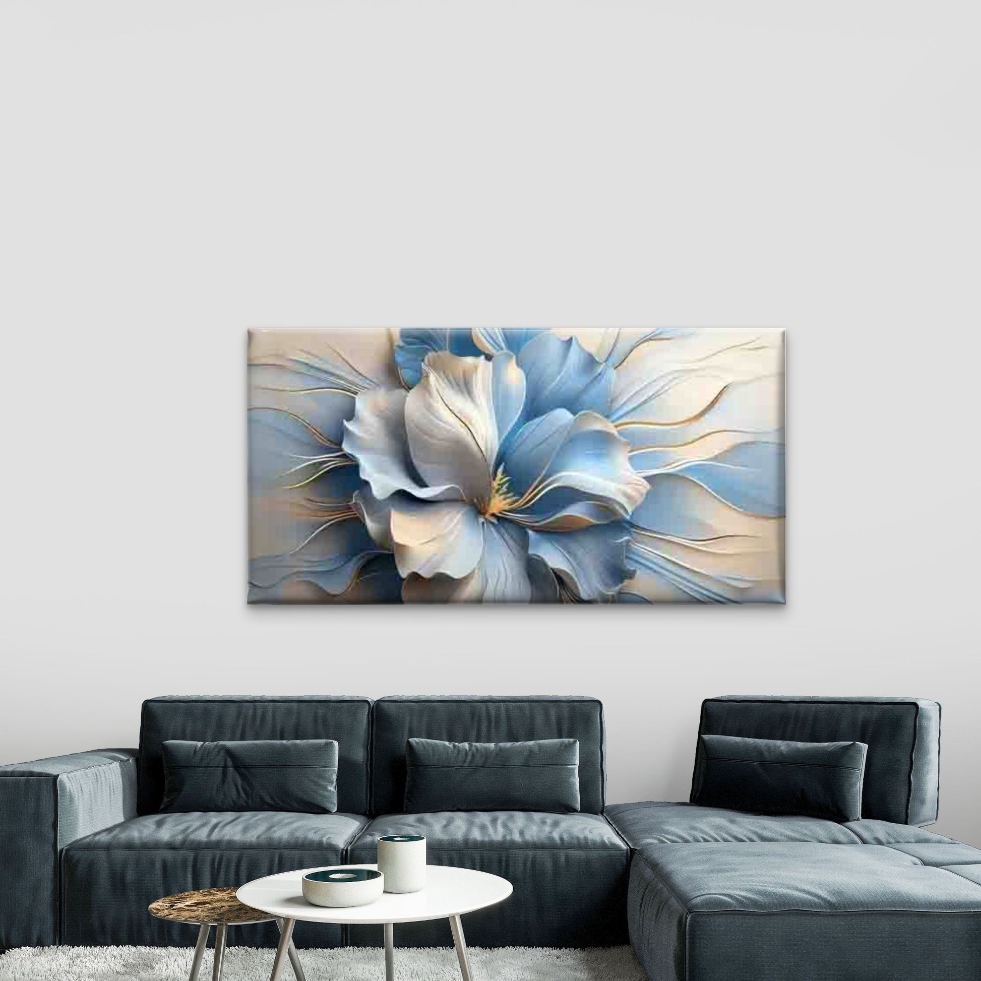 Blue And White Floral Design Wall Art Canvas Office Home Room Framed 120x60cm - Bella Home Decor