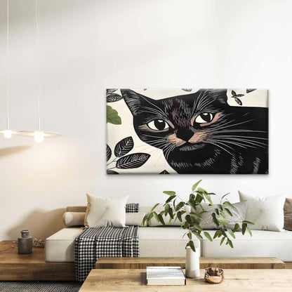 Black Cat And Leaf Pattern Wall Art Canvas Office Home Room Framed 120x60cm - Bella Home Decor