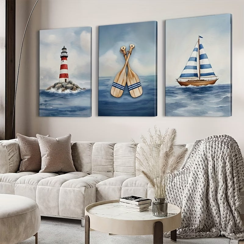 3pcs Ocean Lighthouse Sailboat Oar Maritime Wall Art Set Canvas Framed 40x60cm - High Quality Print 100% Australian Made Wall Canvas Ready to Hang