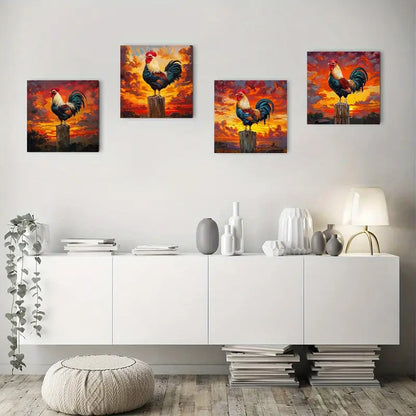 4pcs Charming Rooster CR Wall Art Canvas Framed