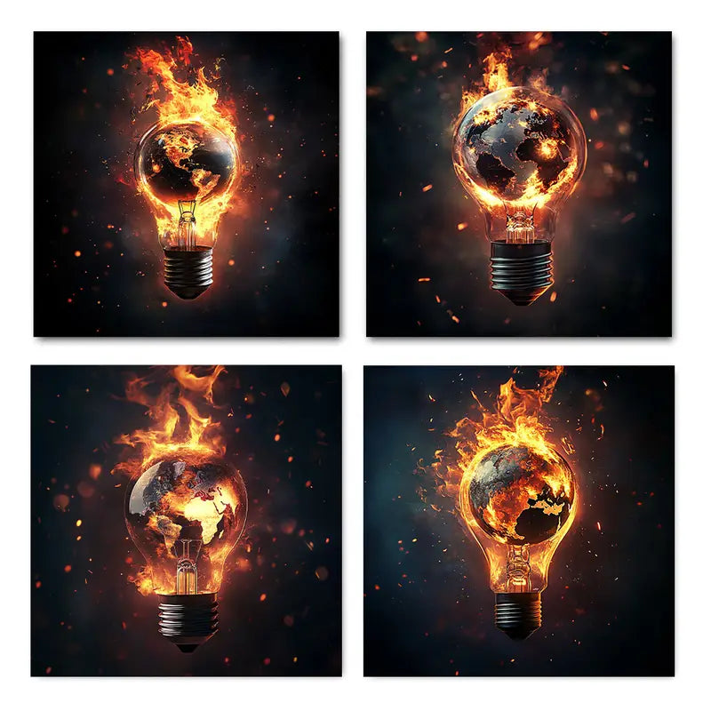 4pcs  Flaming Earth in Light Bulb Design a    Wall Art Canvas Framed