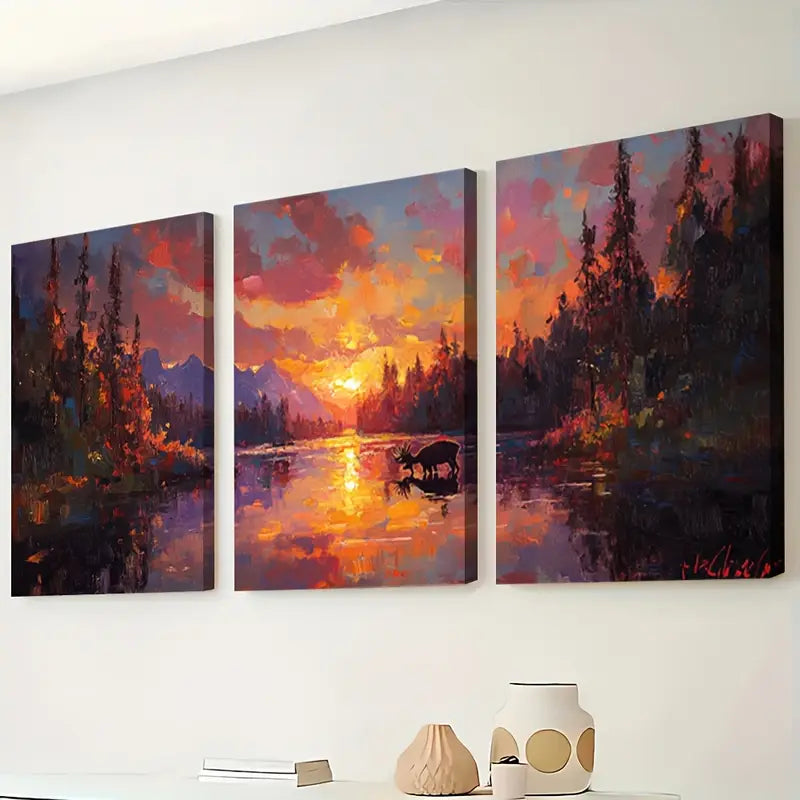 3pcs Canadian Wilderness Sunset Lake Scene Wall Art Set Canvas Framed 50x70cm - High Quality Print 100% Australian Made Wall Canvas Ready to Hang - Bella Home Decor