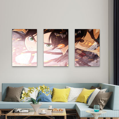 3pcs Anime Green Eyed Hero Mid Air Battle Scene Metal Print Ready to Hang Art