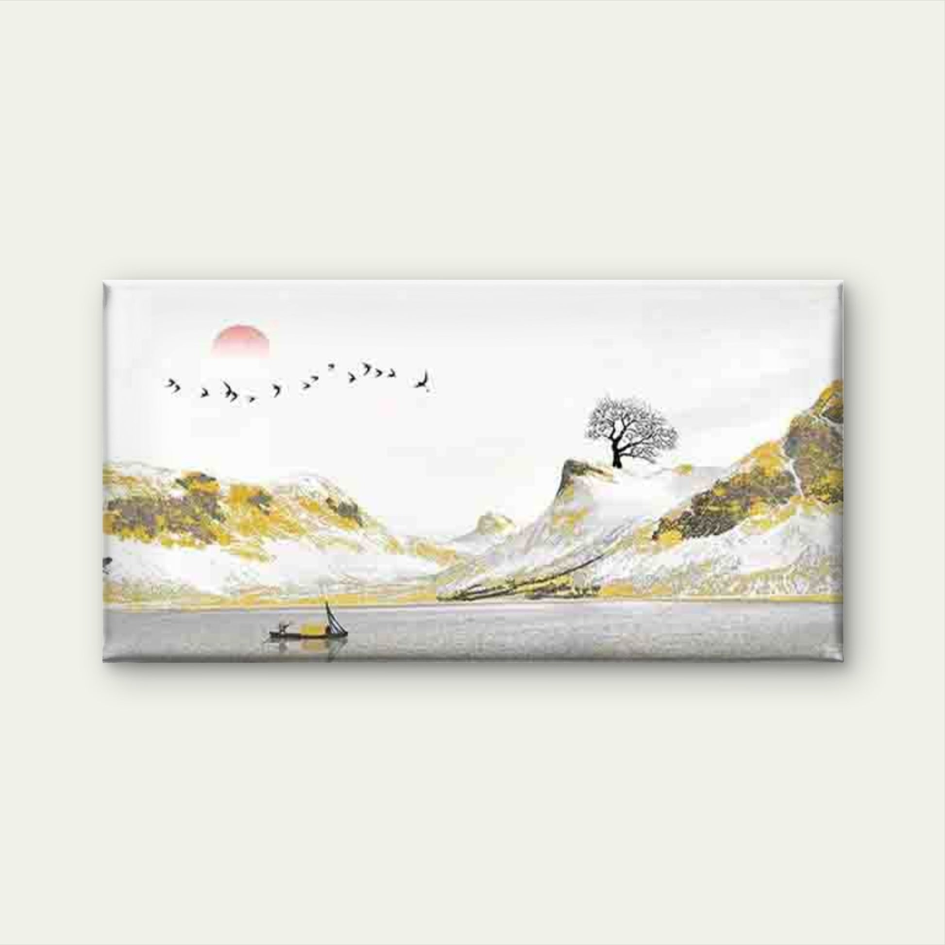 Mountains & Lake with Birds Wall Art Canvas Office Home Room Framed 120x60cm - Bella Home Decor