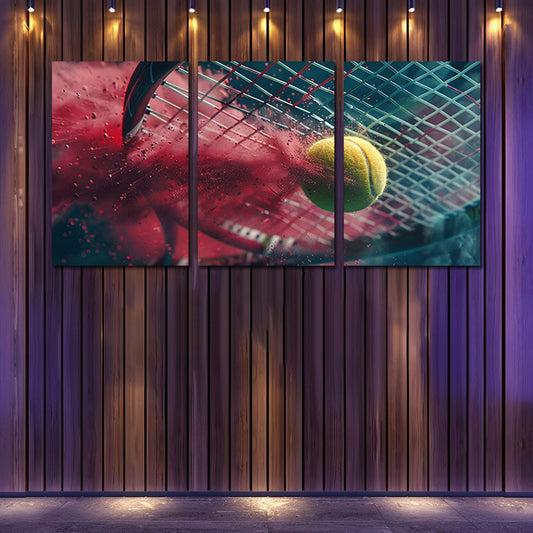 3pcs yellow tennis ball impacting a racket Wall Art Set Canvas Framed 60x90cm - High Quality Print 100% Australian Made Wall Canvas Ready to Hang