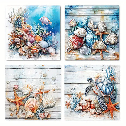 4pcs Watercolor Seahorse Starfish Seashell  Wall Art Canvas Framed