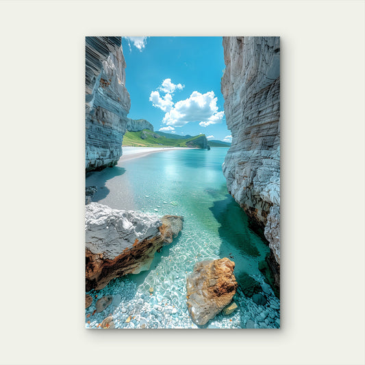 Mediterranean Secret Beach Cliff Cave Ocean 40x60cm Metal Print Ready to Hang