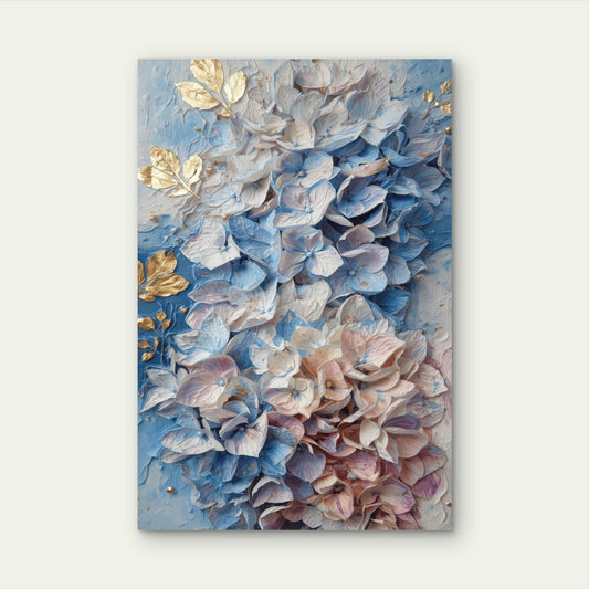 Textured Blue Hydrangea Floral Gold Foil Art 40x60cm Metal Print Ready to Hang