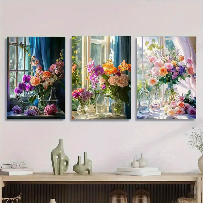 3pcs Sunlit Flowers On Windowsill Metal Print Ready to Hang Art