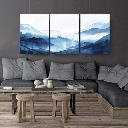 3pcs Blue Watercolor Mountain Nature Wall Art Set Canvas Framed 40x60cm - High Quality Print 100% Australian Made Wall Canvas Ready to Hang - Bella Home Decor