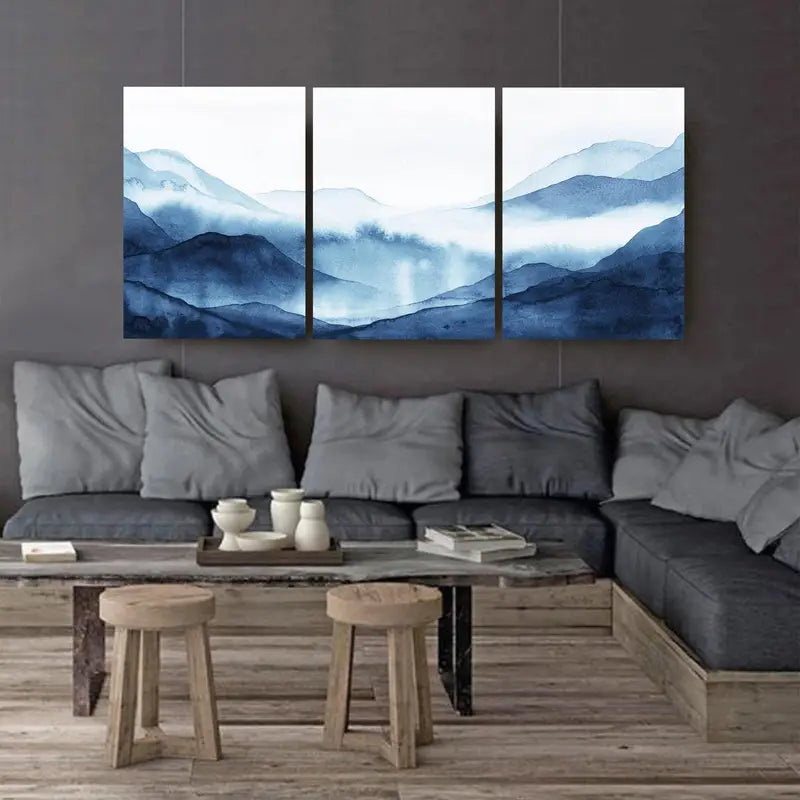 3pcs Blue Watercolor Mountain Nature Wall Art Set Canvas Framed 50x70cm - High Quality Print 100% Australian Made Wall Canvas Ready to Hang - Bella Home Decor