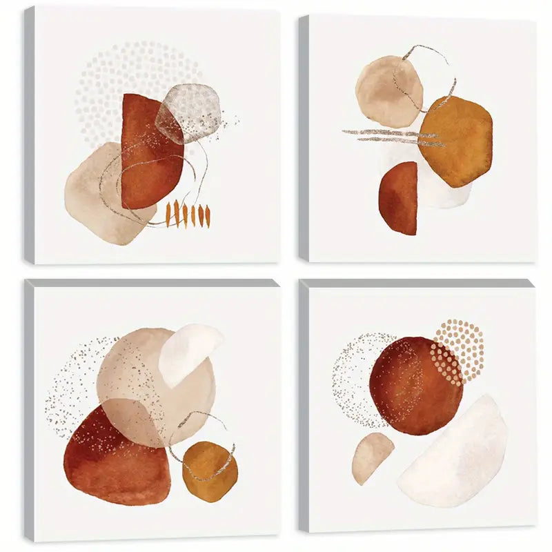 4pcs Brown & Beige Geometric Shapes   Wall Art Canvas Framed
