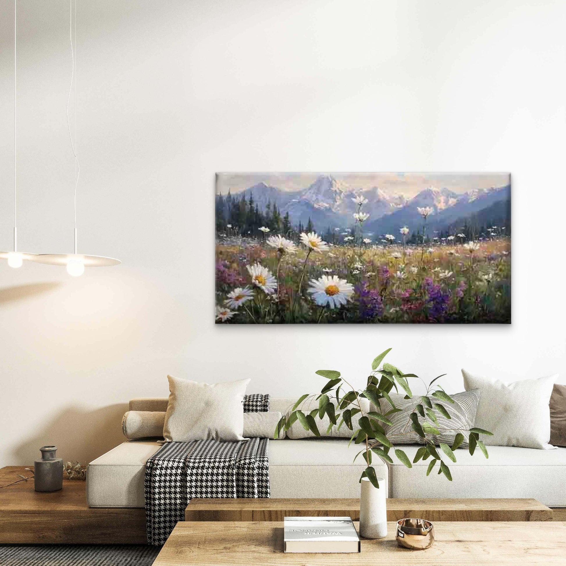 Daisies Against a Mountain Back Wall Art Canvas Office Home Room Framed 120x60cm - Bella Home Decor