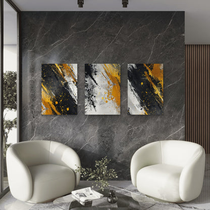 3pcs Modern Luxury Black Gold Splash Abstract Wall Art Set Canvas Framed 40x60cm - High Quality Print 100% Australian Made Wall Canvas Ready to Hang