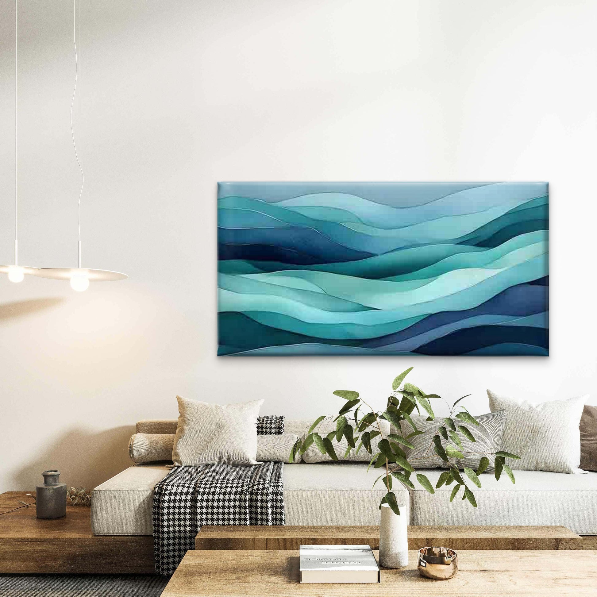 Teal Gradient Wave Pattern Wall Art Canvas Office Home Room Framed 120x60cm - Bella Home Decor