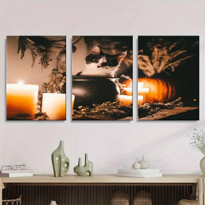 3pcs Black & White Kitten in Cauldron, Pumpkins Metal Print Ready to Hang Art - Bella Home Decor