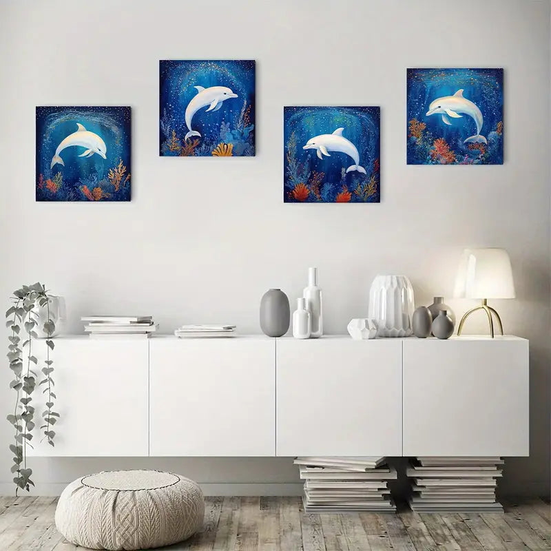4pcs White Dolphin Surrounded Wall Art Canvas Framed