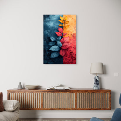 Abstract Botanical Leaves Split Background Blue Orange Red 40x60cm Metal Print Ready to Hang