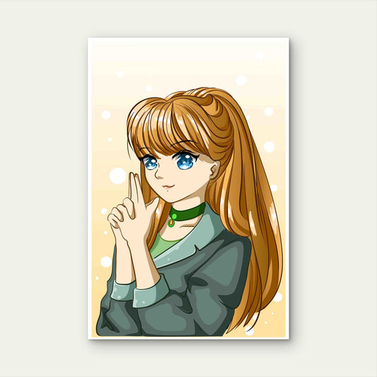 Beautiful and Cool Girl Long Brown Hair Cartoon 60x90cm Metal Print Ready to Hang